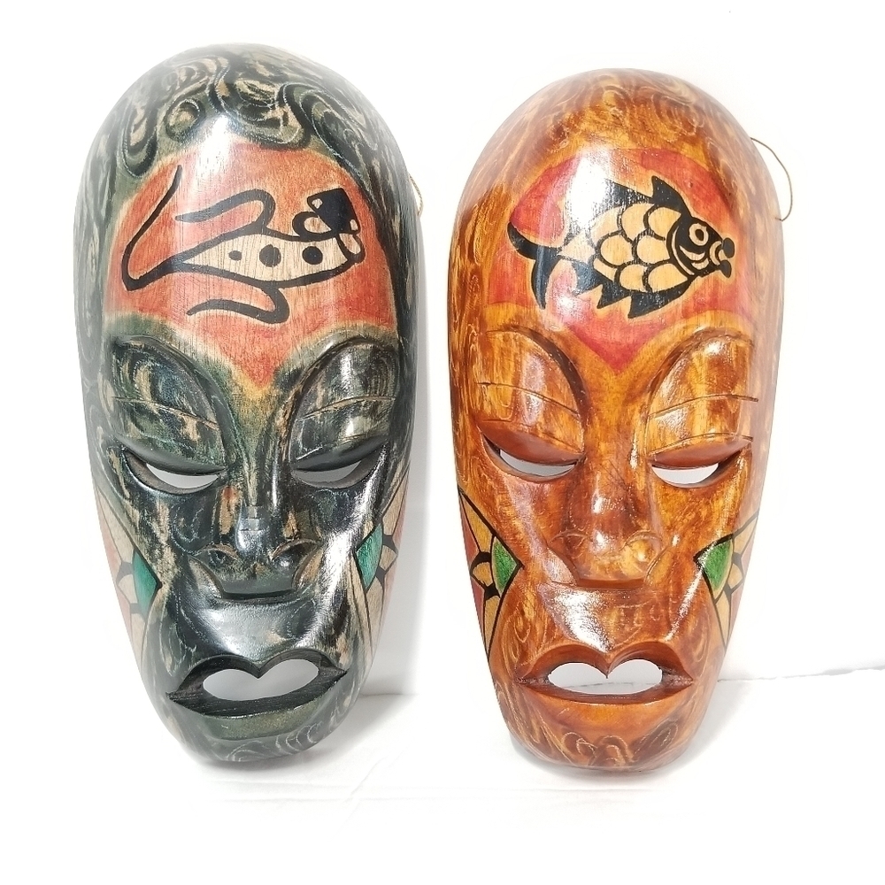 2 Vintage Colorful Handcarved Handpainted Tribal Mask Collectible Wall Decor